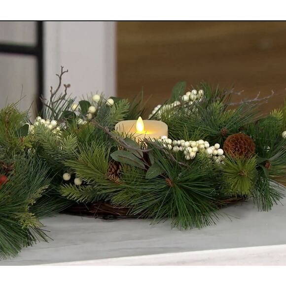 Luminara 3" x 4.5" Flameless Pillar & Wreath Centerpiece White Berries85 - Picture 10 of 11